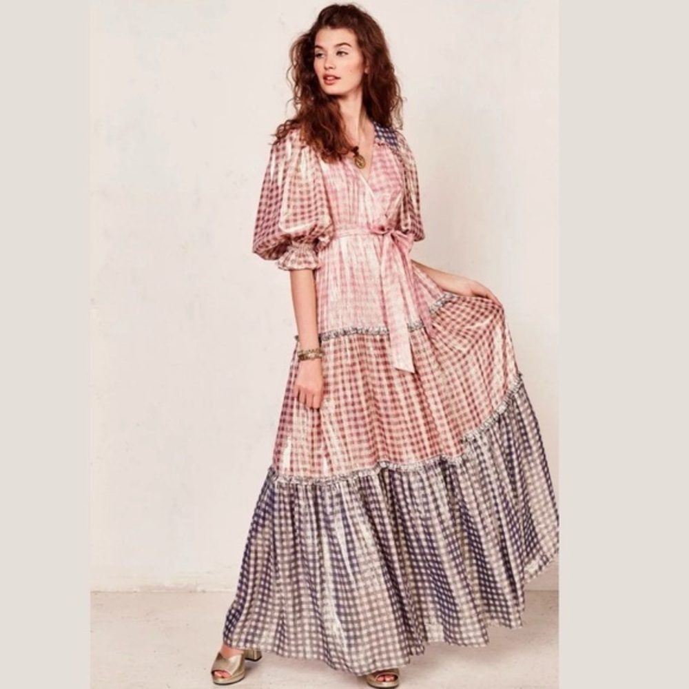 LOVESHACKFANCY
Checkered Metallic Silk-Blend Tiered Dress